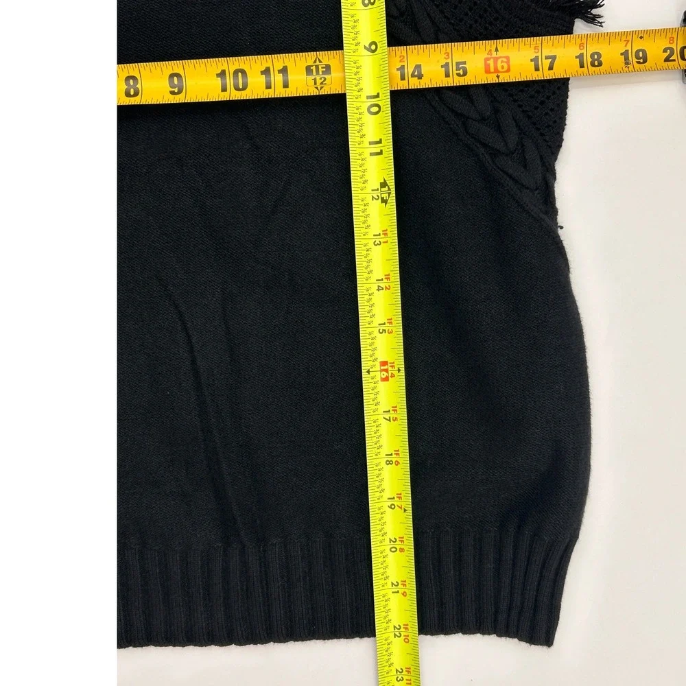 Black Mock Neck Cable Knit Sweater Vest Fringed Sleeveless Top Acrylic Cottage - Picture 5 of 7
